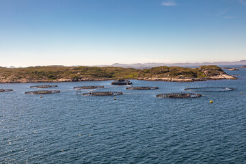 Salmon Fishing Farms Aquaculture Along the Norway Coast Near Lauv&oslash;ya Island, Midsummer