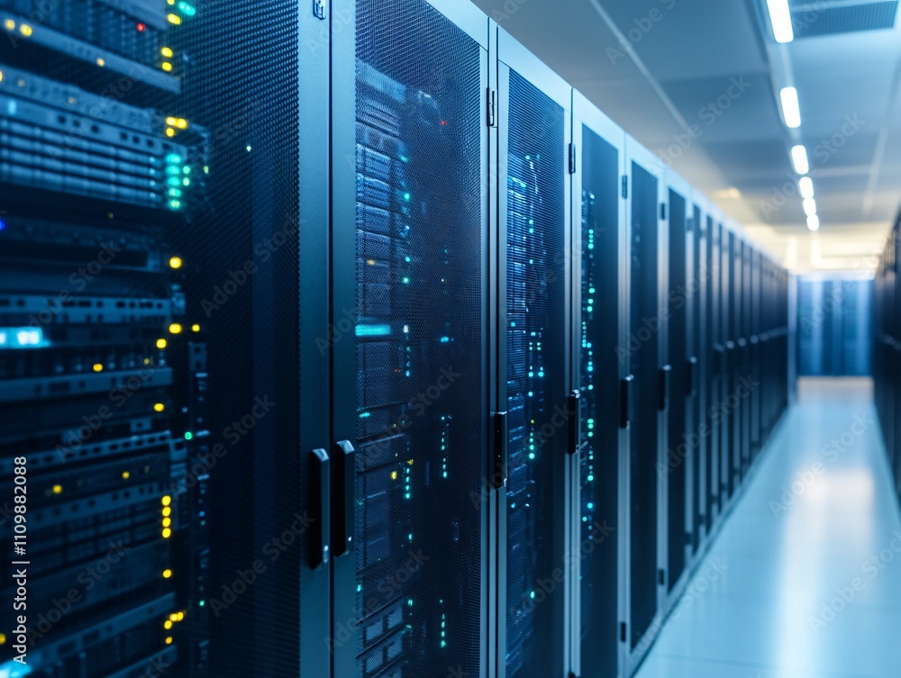 Poster a corridor filled with server racks in a data center, showcasing technology infrastructure.