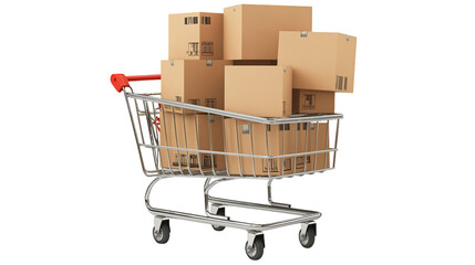 A miniature shopping cart filled with cardboard boxes, isolated on a transparent background, showcasing a compact and detailed design.