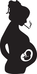 An illustration of a silhouette icon depicting a pregnant woman with her hair tied back, holding a cigarette, with a visible outline of a baby in her belly, surrounded by smoke