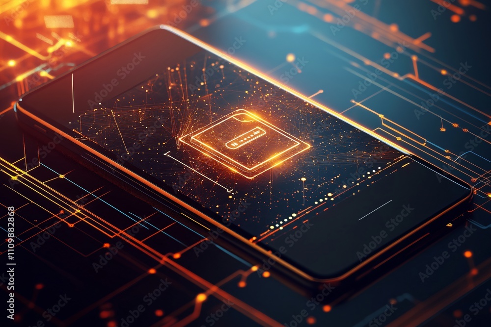 Poster a smartphone displaying digital data and security features in a futuristic design.