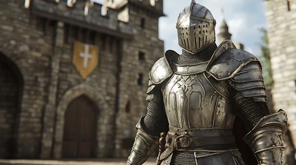 Fototapeta premium Medieval knight in full armor standing before a castle gate.