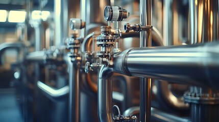 A large industrial pipe system with many valves and gauges. Concept of complexity and precision, as the various valves and gauges are intricately connected