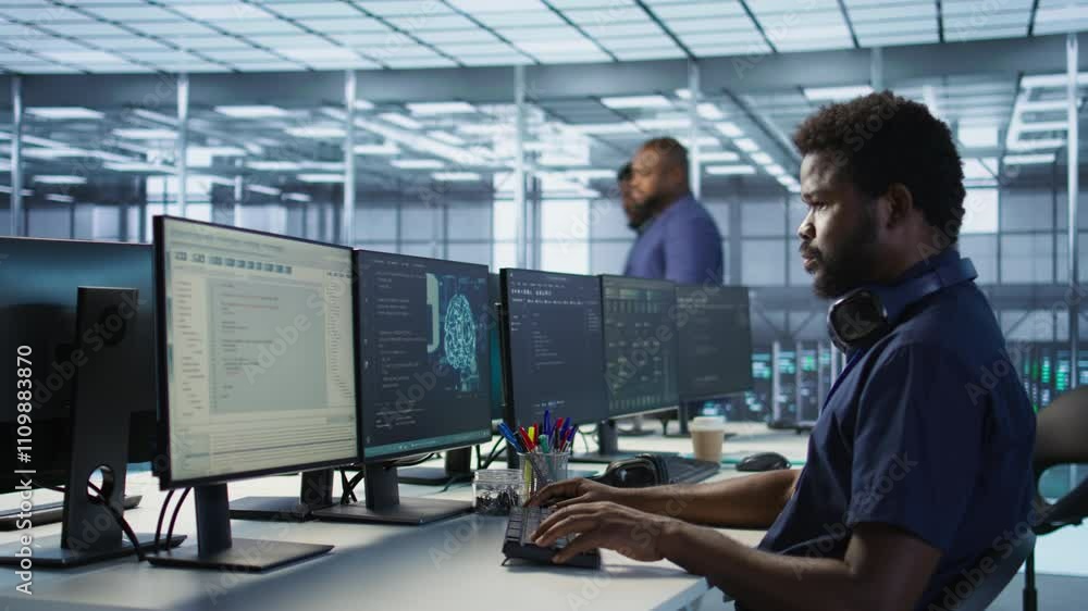 Poster woman assisting data center programmer in solving tasks, maintaining company network infrastructure.