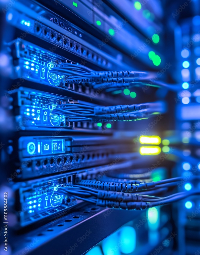 Poster a close-up view of server racks with illuminated components and connected cables.