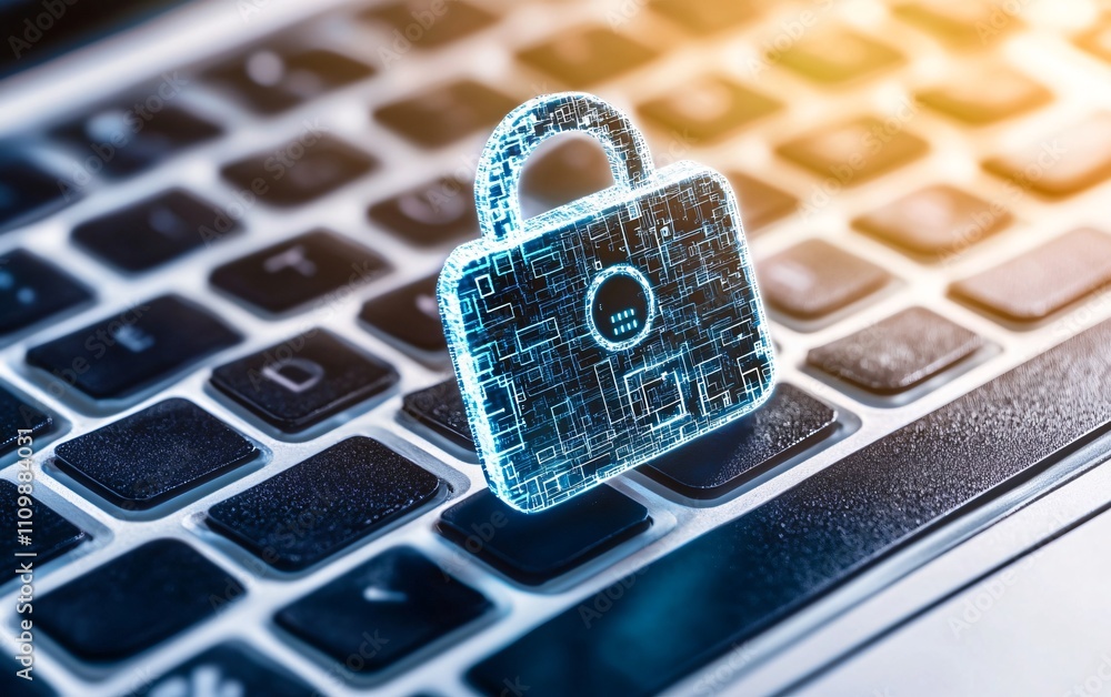 Poster a digital padlock on a laptop keyboard symbolizes cybersecurity and data protection.