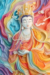 A dynamic paper cut illustration of Guan Yin, featuring bright and layered colors in a creative and modern style. 