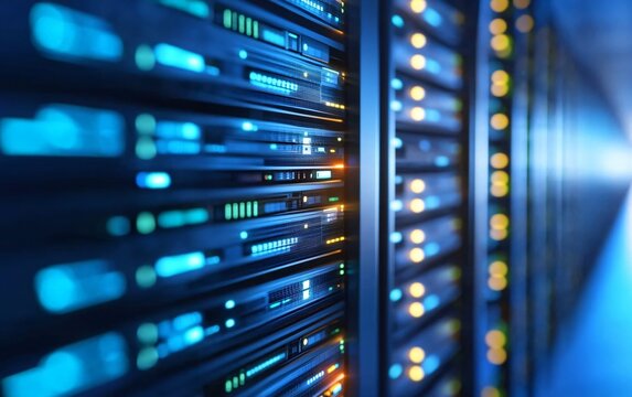 A close-up view of server racks illuminated by LED lights in a data center.