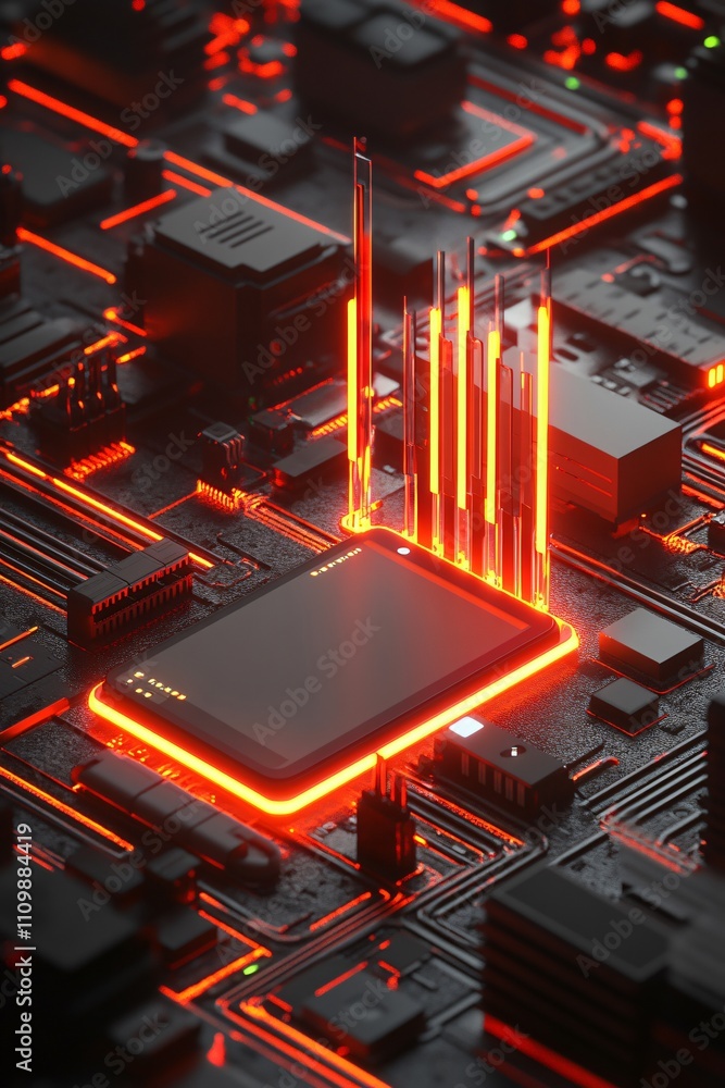 Poster a futuristic circuit board with glowing elements, symbolizing advanced technology.