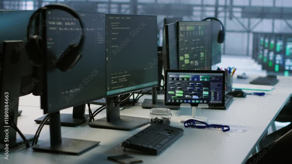 Poster electronic devices in empty data center establishment monitoring hardware energy consumption. pc mon