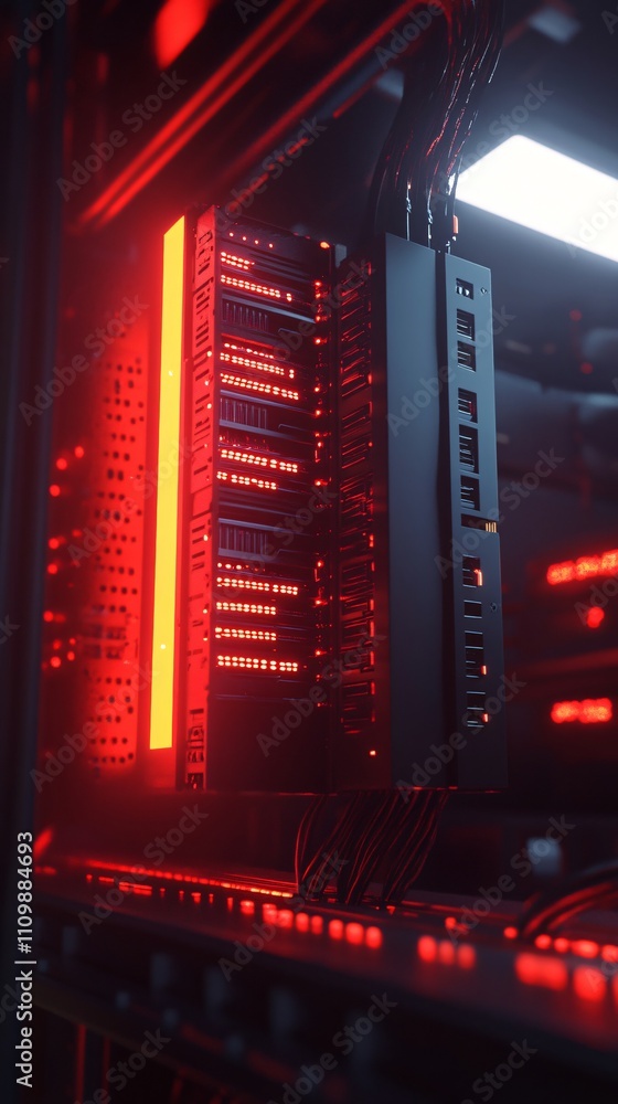 Poster a close-up view of a server rack illuminated by red lights, showcasing technology infrastructure.