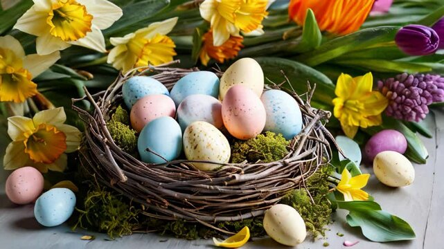 Pastel Easter eggs in a twig nest surrounded by colorful spring flowers and greenery on a light surface. Holiday and nature concept for design and celebration
