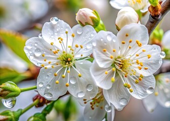 Beautiful Raindrops on White Cherry Blossoms, High Depth of Field, Soft Focus