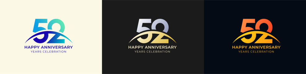 Logo Anniversary with Swoosh Sunrise 52th, 52th Happy Anniversary with Colorful Gradient, Luxury Gold and Silver.