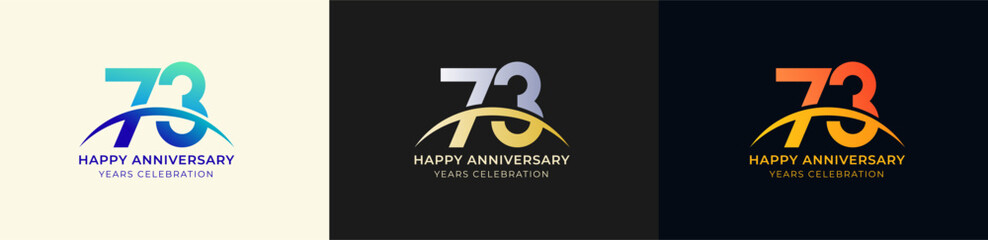 Logo Anniversary with Swoosh Sunrise 73th, 73th Happy Anniversary with Colorful Gradient, Luxury Gold and Silver.
