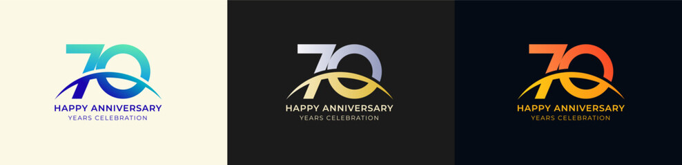 Logo Anniversary with Swoosh Sunrise 70th, 70th Happy Anniversary with Colorful Gradient, Luxury Gold and Silver.
