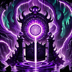 Fototapeta premium A stone portal with skulls, horns, and intricate carvings glows with a vibrant purple light, illuminating a dark, swirling pool of water in a cavernous setting. The portal appears to lead to an unknow