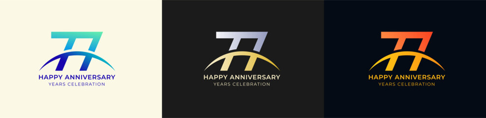 Obraz premium Logo Anniversary with Swoosh Sunrise 77th, 77th Happy Anniversary with Colorful Gradient, Luxury Gold and Silver.