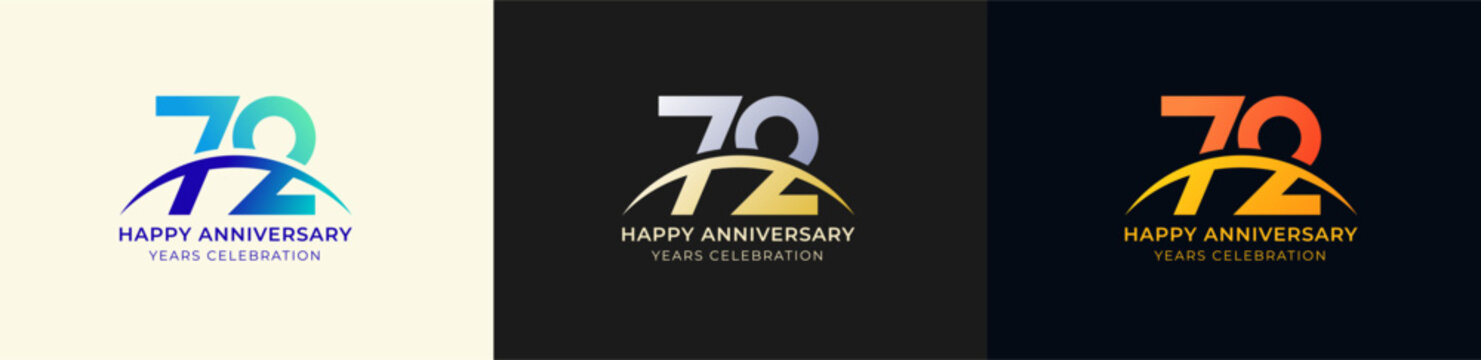 Logo Anniversary with Swoosh Sunrise 72th, 72th Happy Anniversary with Colorful Gradient, Luxury Gold and Silver.