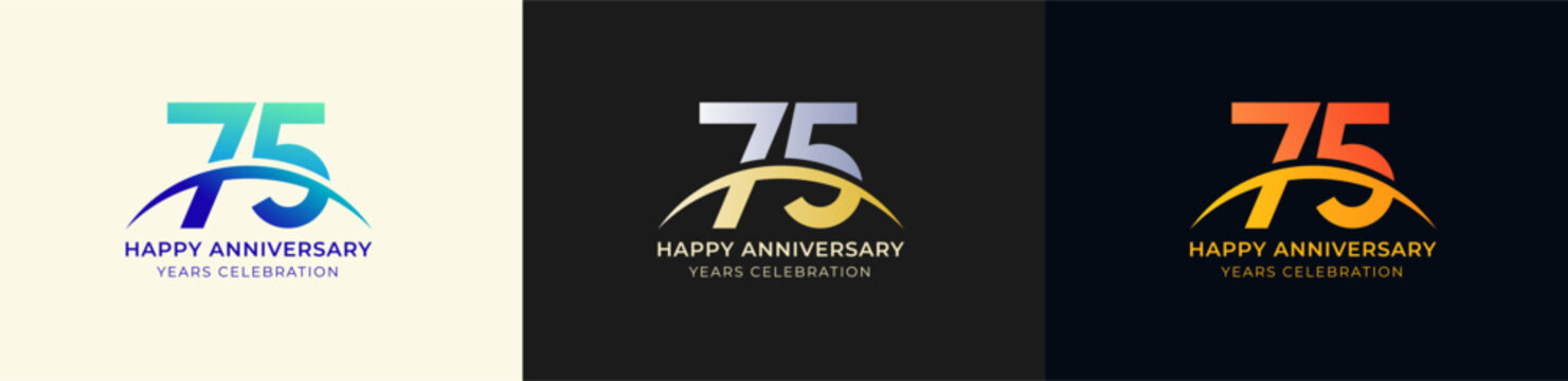 Logo Anniversary with Swoosh Sunrise 75th, 75th Happy Anniversary with Colorful Gradient, Luxury Gold and Silver.