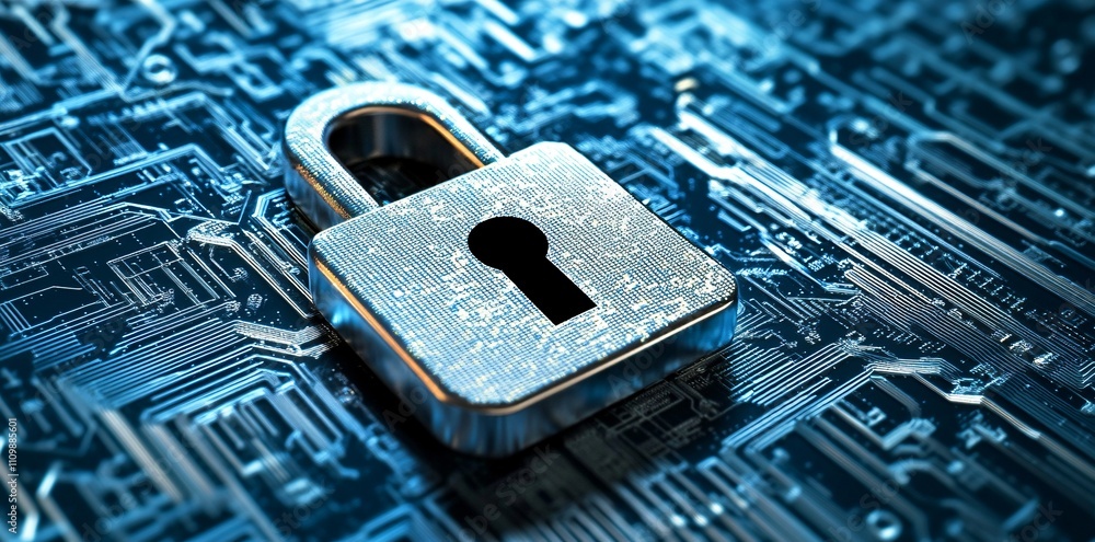 Poster a metallic padlock on a circuit board background symbolizes cybersecurity and data protection.