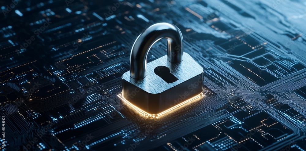 Poster a padlock sits on a circuit board, symbolizing cybersecurity and data protection.