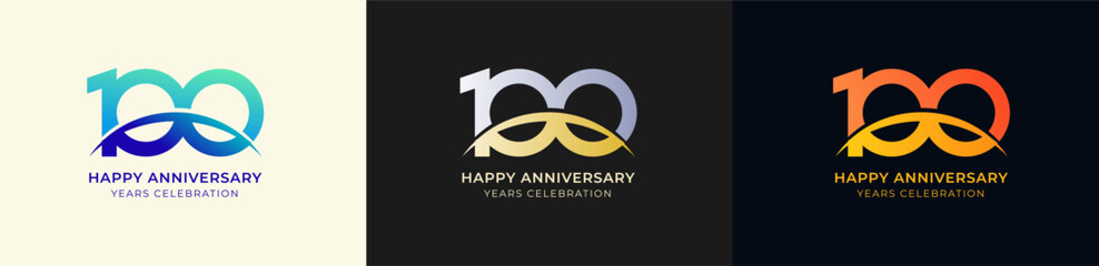 Logo Anniversary with Swoosh Sunrise 100th, 100th Happy Anniversary with Colorful Gradient, Luxury Gold and Silver.