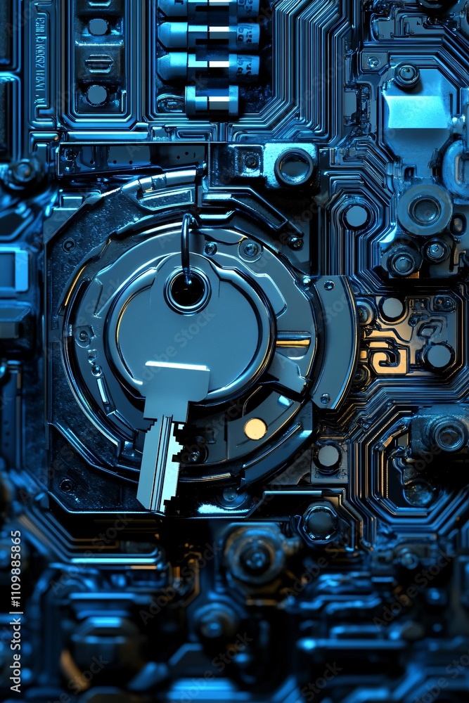 Poster an abstract close-up of a metallic component on a circuit board, showcasing technology design.