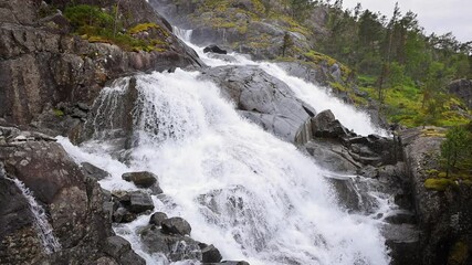 Aerial shot of Langfossen waterfall in Norway