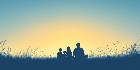 Fototapeta premium Silhouetted family sitting in a field at sunset, evoking a sense of peace and togetherness.