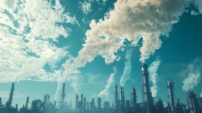 Industrial pollution; smoke stacks emitting fumes into a cloudy sky.