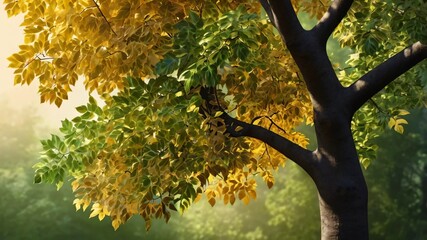AI GENERATE background, A glowing tree with leaves of shifting gradients from green to gold