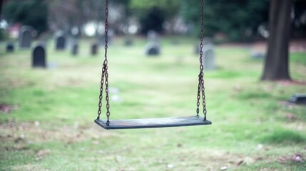 A solitary swing hangs in a quiet cemetery, surrounded by gravestones and greenery.