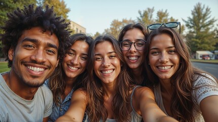Fototapeta premium Photo of diverse friends taking a selfie together.