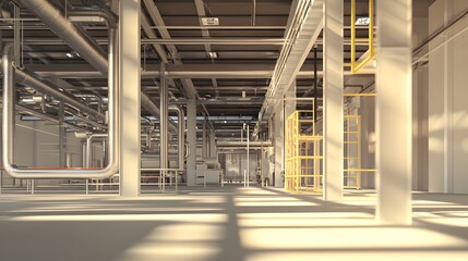 A large warehouse with many boxes on the shelves. The boxes are stacked in rows and the warehouse is very empty