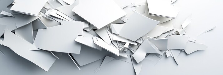 A collection of scattered white paper fragments on a light background.