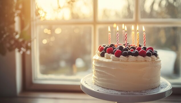 Delicious Birthday Cake with Berries and Candles by the Window, Festive Celebration