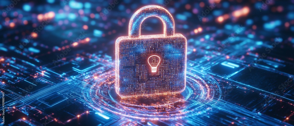 Poster a glowing digital padlock symbolizing cybersecurity and data protection on a tech background.