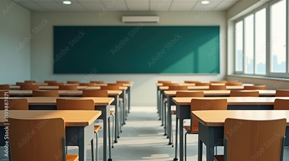 Poster desks and chairs arranged in a bright classroom with green chalkboard and large windows. generative 