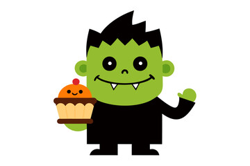A whimsical Frankenstein is holding a cupcake decorated with a tiny bat and cobweb sprinkles.