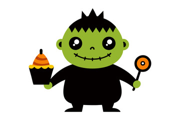 A whimsical Frankenstein is holding a cupcake decorated with a tiny bat and cobweb sprinkles.