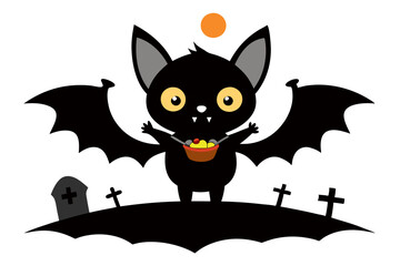 A whimsical Frankenstein is holding a cupcake decorated with a tiny bat and cobweb sprinkles.