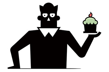 A whimsical Frankenstein is holding a cupcake decorated with a tiny bat and cobweb sprinkles.