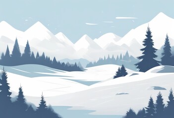 Fototapeta premium Minimalistische Winterlandschaft mit schneebedeckten Bergen, Tannen und einem sanft geschwungenen Tal unter klarem Himmel. Ruhig und idyllisch – perfekt für winterliche Designs. Generative KI