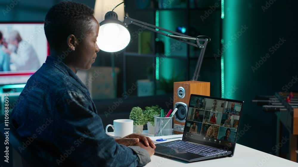 Poster remote employee calls managers remotely using internet videocall to ask for feedback on project prog