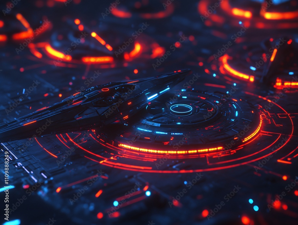 Poster a futuristic spaceship on a high-tech platform with glowing neon elements.