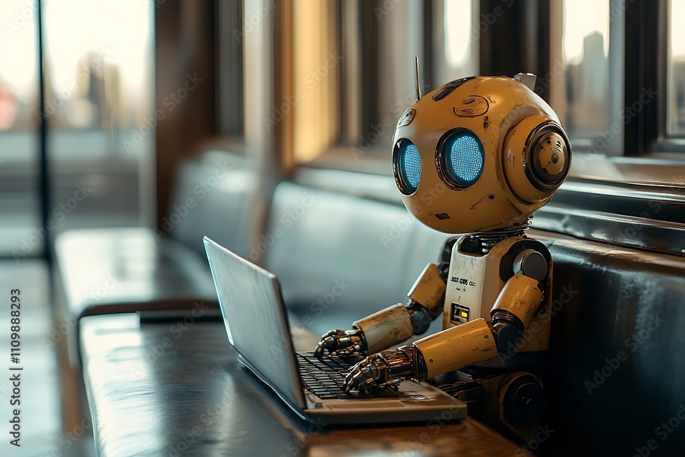Poster robot working on laptop. concept of future technology, artificial intelligence, and automation.