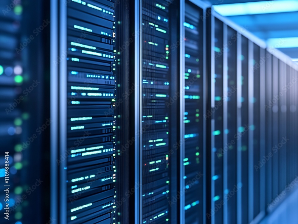 Aufkleber a row of server racks illuminated by blue lights, showcasing data storage technology.