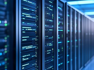 A row of server racks illuminated by blue lights, showcasing data storage technology.