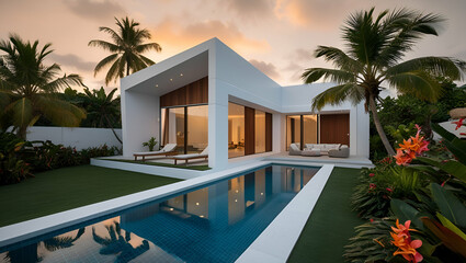 Fototapeta premium A modern angular luxury tropical villa with a swimming pool